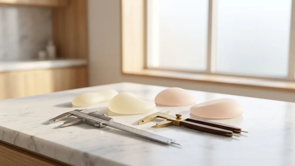 Conceito minimalista de instrumentos de medição médica e formas de silicone sobre superfície clara.