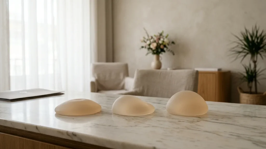 Modelos de próteses de silicone com diferentes perfis sobre bancada clara em consultório médico.